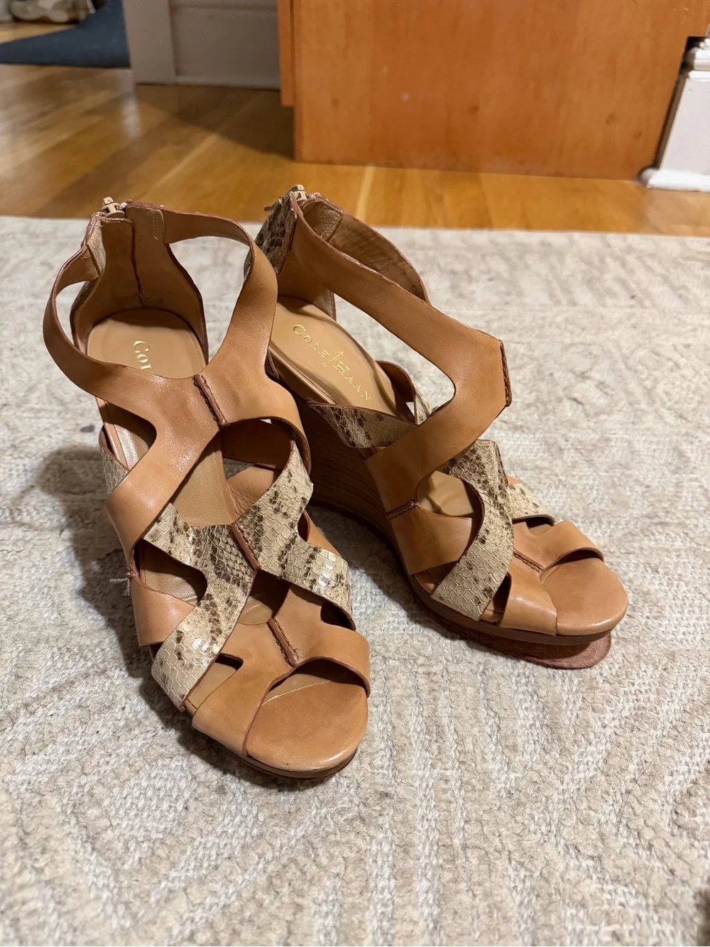 Cole Haan Tan Wedge Sandals with Snake-Print Straps